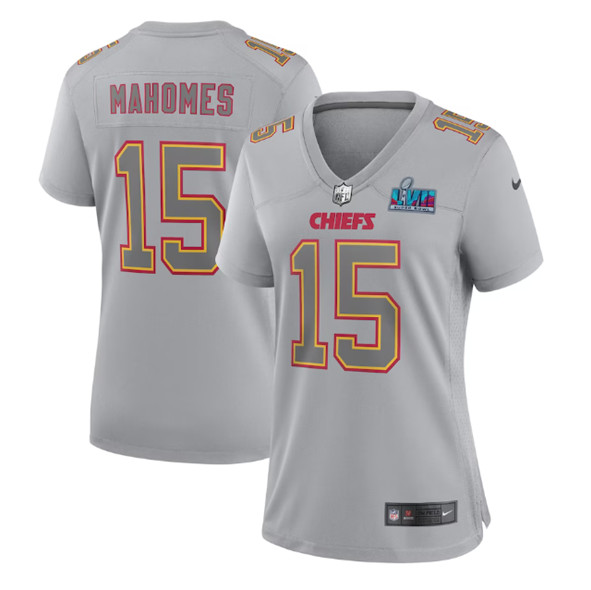 Women's Kansas City Chiefs #15 Patrick Mahomes Gray Super Bowl LVII Patch Atmosphere Fashion Stitched Game Jersey(Run Small)